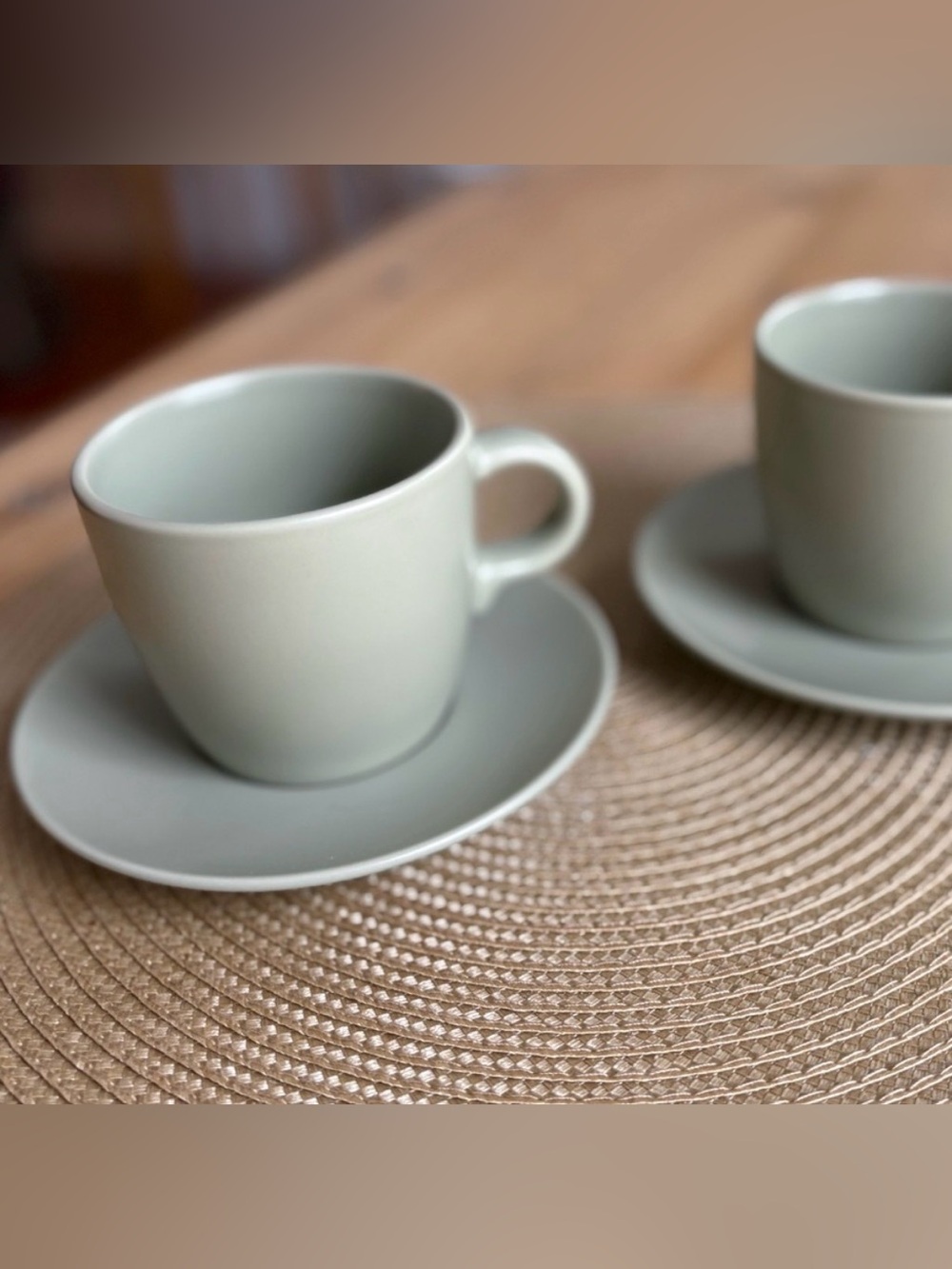 IKEA FÄRGKLAR series of dinnerware cups with saucers Matte Green Set of Two
